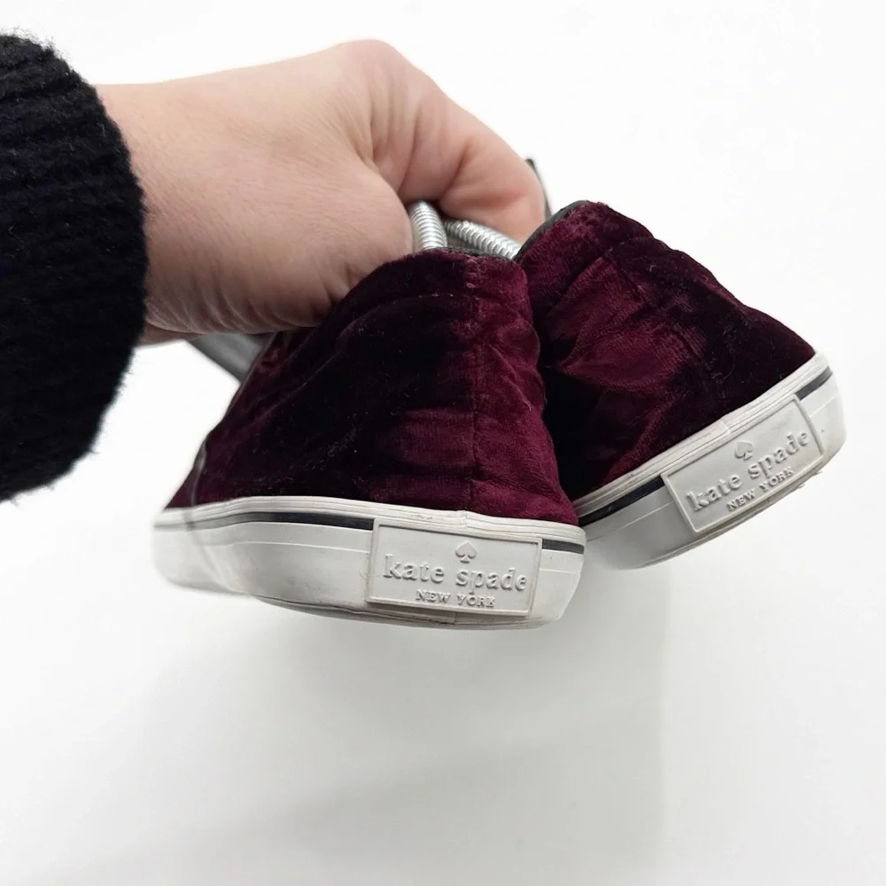 Kate Spade Delise Too Velvet Black Bow Slip On Sneakers Burgundy Wine Size 10